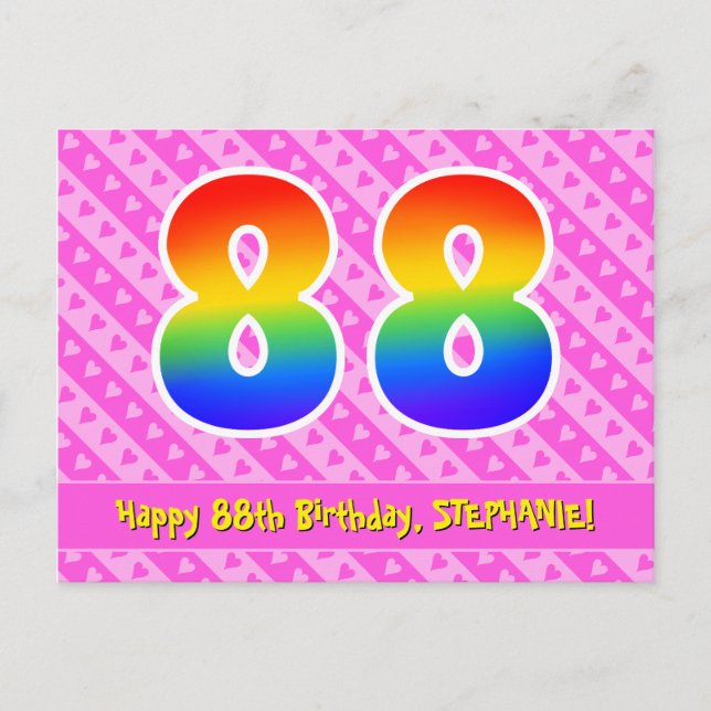 88th Birthday: Pink Stripes & Hearts, Rainbow 88 Postcard (Front)