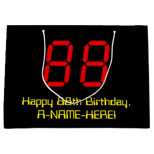 88th Birthday: Red Digital Clock Style "88" + Name Large Gift Bag