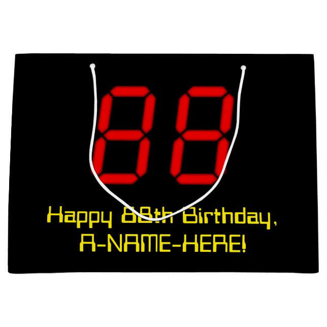 88th Birthday: Red Digital Clock Style "88" + Name Large Gift Bag (Front)