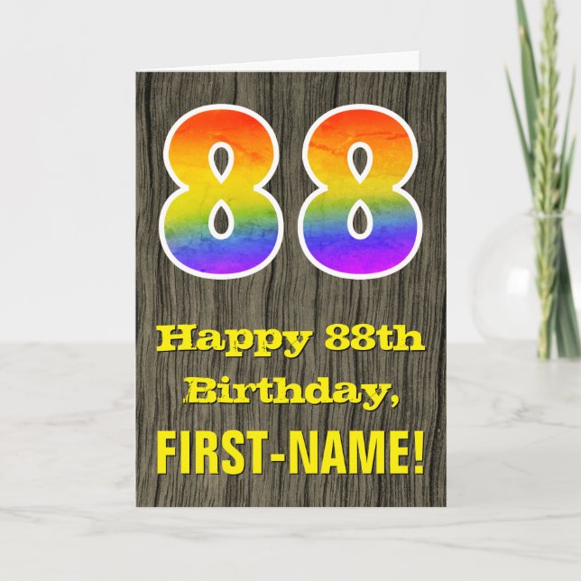 88th Birthday: Rustic Faux Wood Look, Rainbow "88" Card (Front)