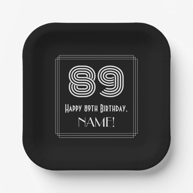 89th Birthday — Art Deco Inspired Look “89” + Name Paper Plate (Front)
