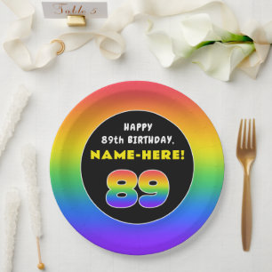 89th Birthday: Colorful Rainbow # 89, Custom Name Paper Plate