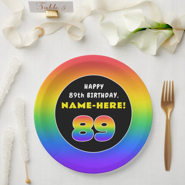 89th Birthday: Colourful Rainbow # 89, Custom Name Paper Plate (Wedding)