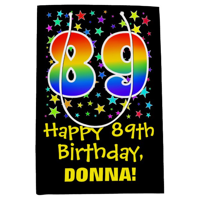 89th Birthday: Colourful Stars Pattern & Rainbow 8 Medium Gift Bag (Front)