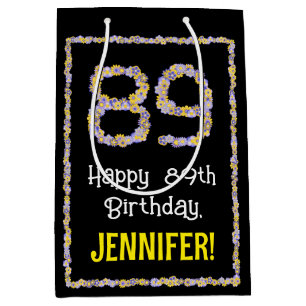 89th Birthday: Floral Flowers Number, Custom Name Medium Gift Bag