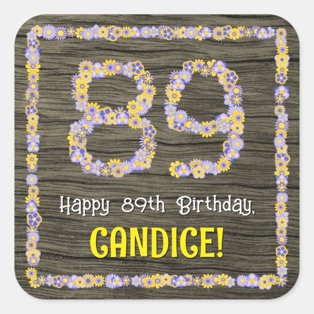 89th Birthday: Floral Number, Faux Wood Look, Name Square Sticker (Front)