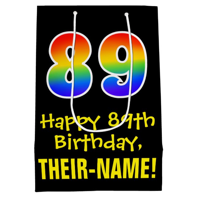 89th Birthday: Fun, Bold, Colourful, Rainbow "89" Medium Gift Bag (Back)