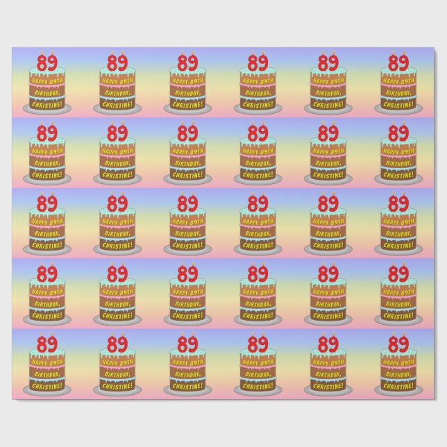 89th Birthday: Fun Cake and Candles + Custom Name Wrapping Paper (Flat)