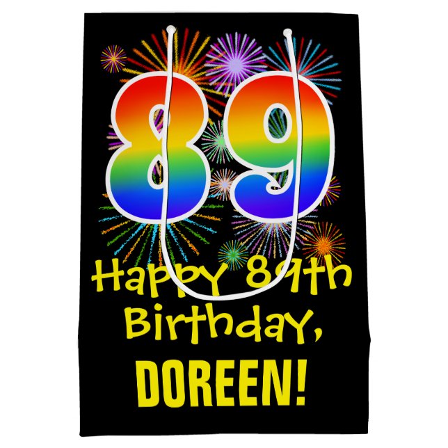 89th Birthday: Fun Fireworks Pattern + Rainbow 89 Medium Gift Bag (Back)