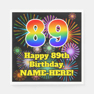 89th Birthday: Fun Fireworks Pattern + Rainbow 89 Napkin