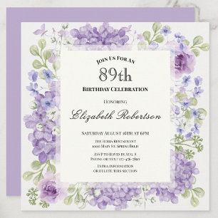 89th Birthday Invitation Elegant Purple Flowers