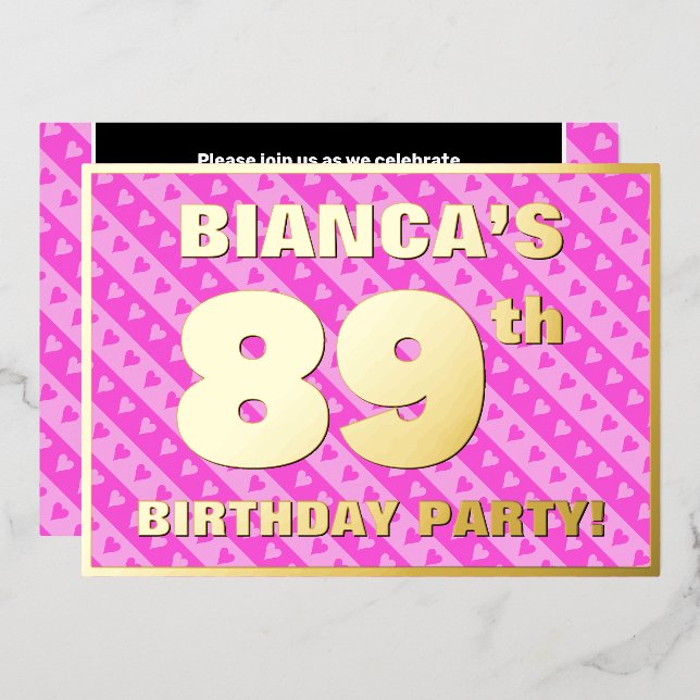 89th Birthday Party — Fun Pink Hearts and Stripes (Front/Back)