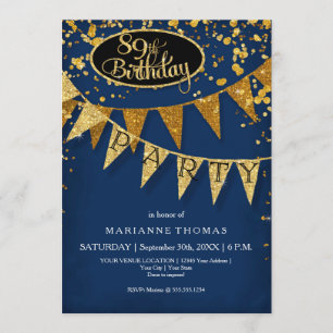 89th Birthday Party Pennant Blue Banner Confetti Invitation