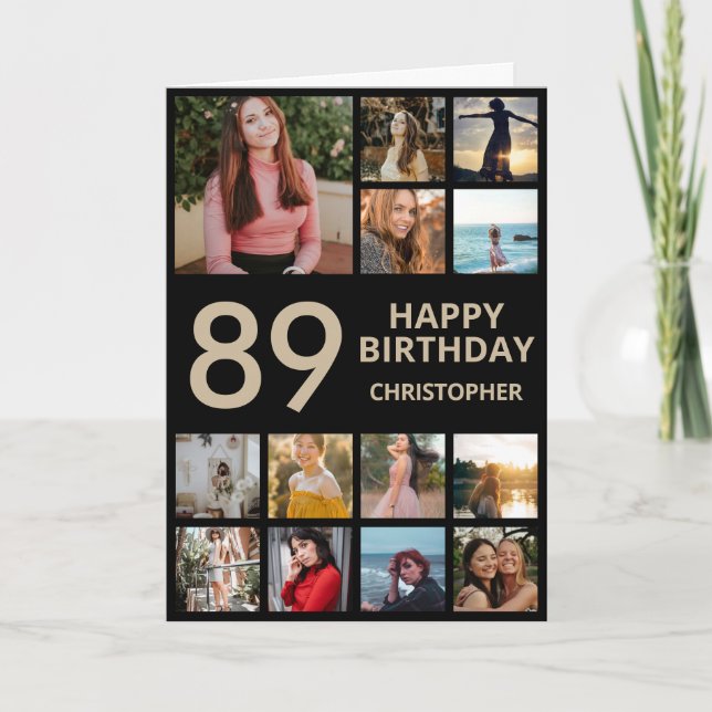 89th Birthday Photo Collage 13 Photos Black & Gold Card (Front)