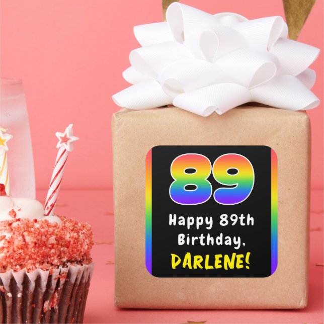 89th Birthday: Rainbow Spectrum # 89, Custom Name Square Sticker (Party)