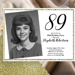 89th Custom Photo White and Gold Birthday Invitation
