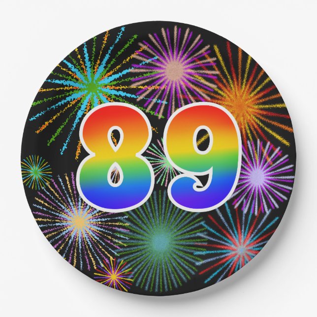89th Event - Fun, Colourful, Bold, Rainbow 89 Paper Plate (Front)