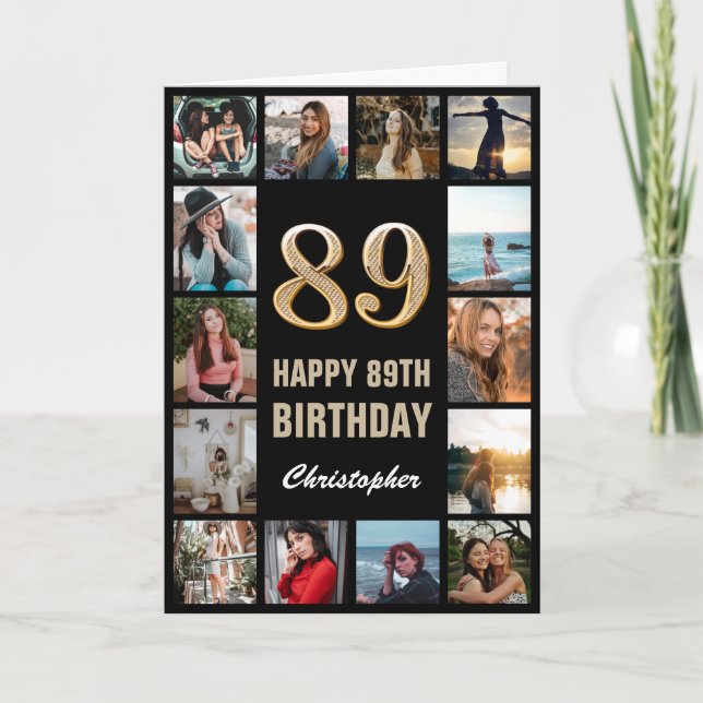89th Happy Birthday Black and Gold Photo Collage Card (Front)