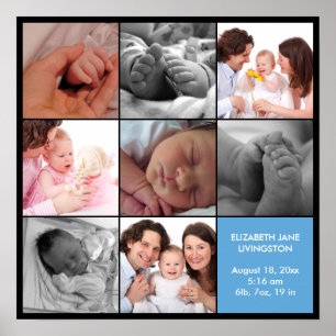 8 baby photo modern collage blue black border poster