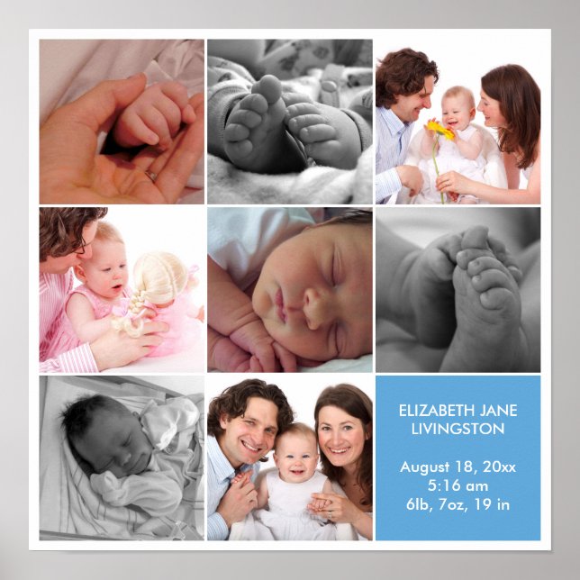 8 baby photo modern collage blue white border poster (Front)