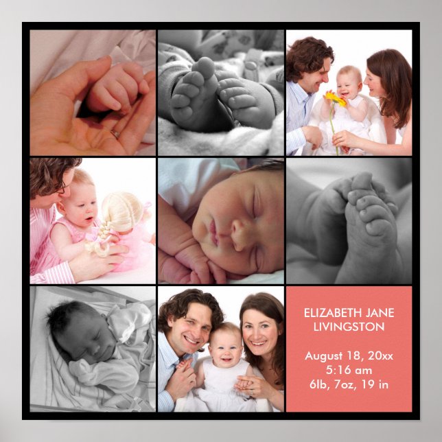 8 baby photo modern collage pink black border poster (Front)