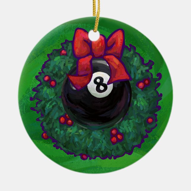 8 Ball Christmas Wreath Green Ceramic Ornament (Front)