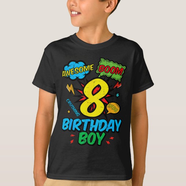 8 Birthday Boy Comic Cool 8th Bday Superhero Party T-Shirt (Front)