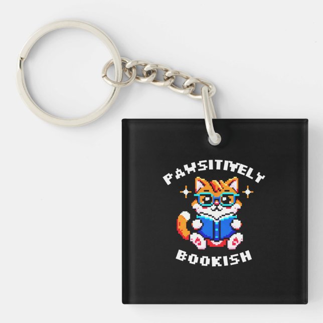 8-Bit Bookish Cat: A Retro Reading Adventure Keychain (Front)