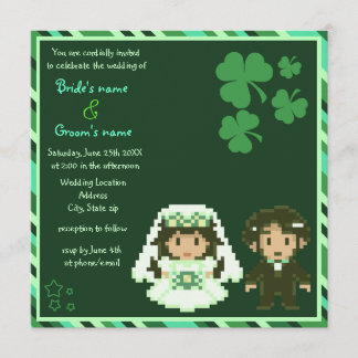 8-bit Bride & Groom - Green Wedding Invitations