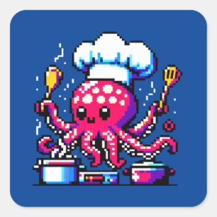 8-Bit Chef Octopus: Retro Kitchen Artistry Square Sticker