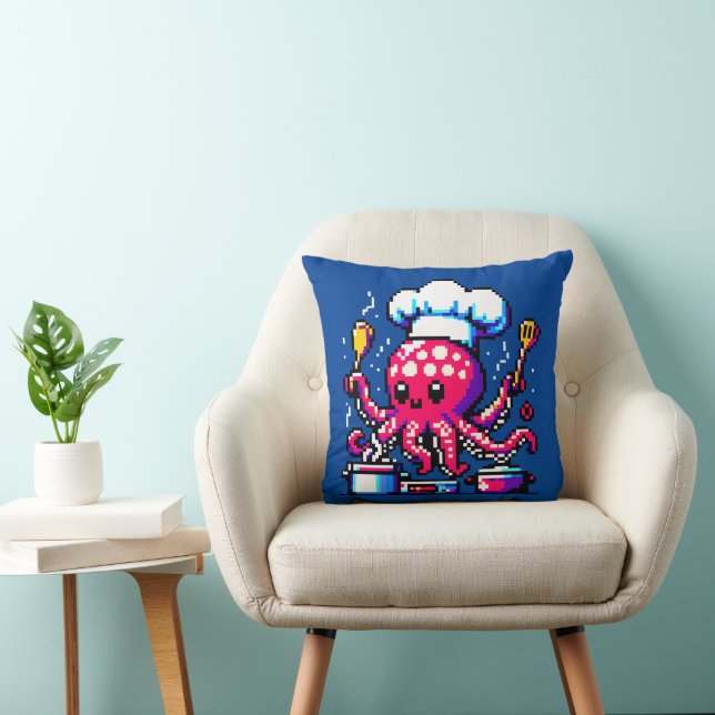 8-Bit Chef Octopus: Retro Kitchen Artistry Throw Pillow (Chair)