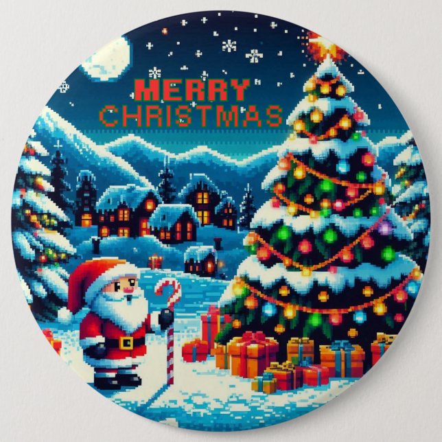 8 bit Christmas tree & Santa 6 Inch Round Button (Front)