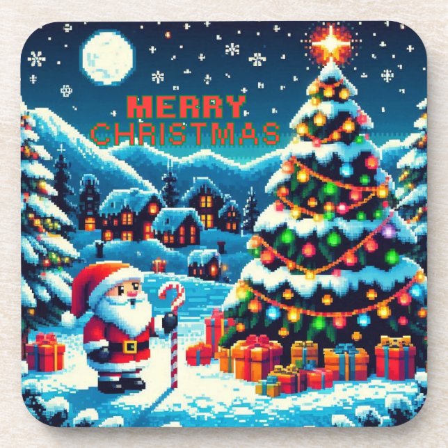 8 bit Christmas tree & Santa Coaster (Front)