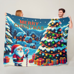 8 bit Christmas tree & Santa Fleece Blanket