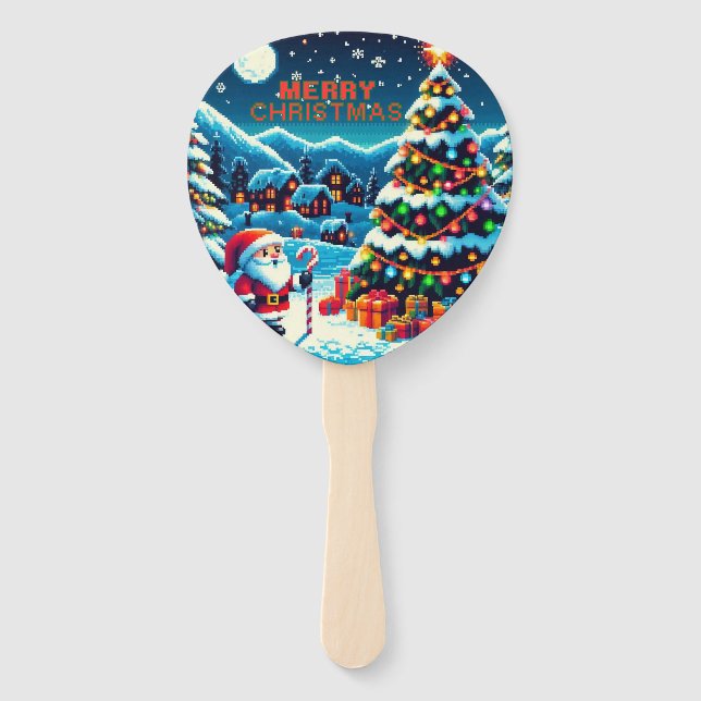 8 bit Christmas tree & Santa Hand Fan (Front)