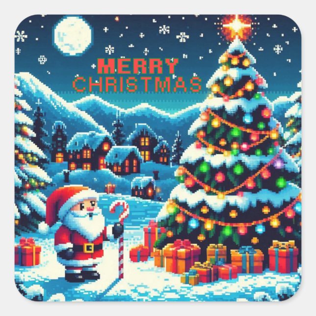 8 bit Christmas tree & Santa Square Sticker (Front)