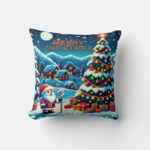 8 bit Christmas tree & Santa Throw Pillow