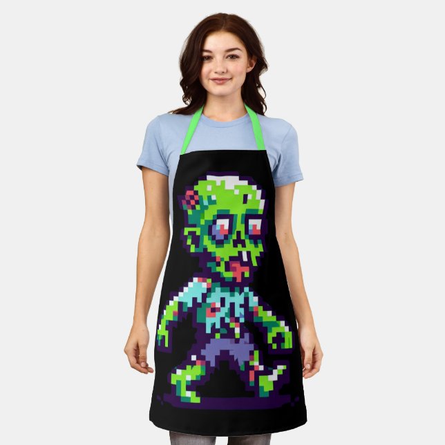 8-bit funny zombie Halloween  Apron (Worn)