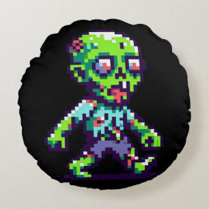 8-bit funny zombie Halloween Round Pillow