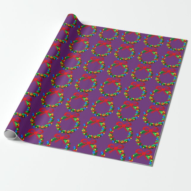 8 bit Green advent wreath with purple background Wrapping Paper (Unrolled)