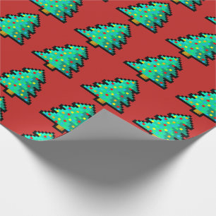 8 bit Green Christmas tree with red background Wrapping Paper