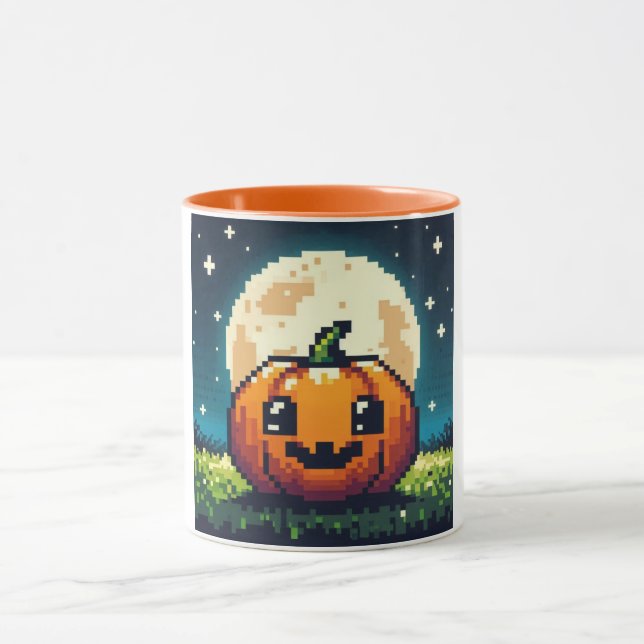 8-bit Halloween pumpkin under the moon Mug (Center)