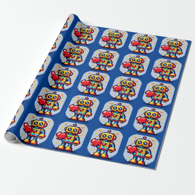 8-Bit Love Robot: Heart in Pixels Wrapping Paper (Unrolled)