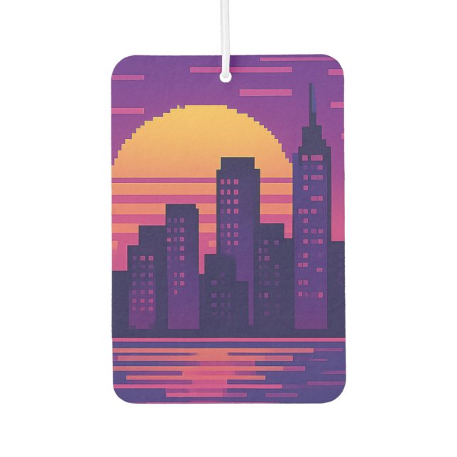 8 bit neon city badge air freshener (Front)