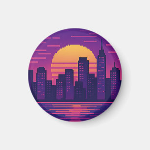 8 bit neon city badge magnet