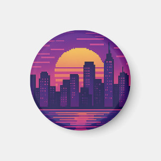 8 bit neon city badge magnet