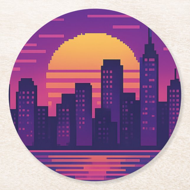 8 bit neon city badge round paper coaster (Front)
