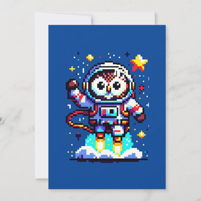 8-Bit Owl Astronaut - Retro Pixel Space Explorer Holiday Card (Front)