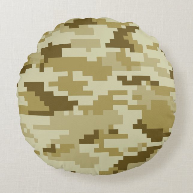 8 Bit Pixel Digital Desert Camouflage / Camo Round Pillow (Front)