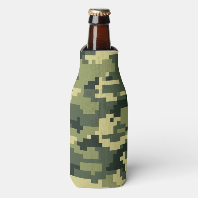 8 Bit Pixel Digital Woodland Camouflage / Camo Bottle Cooler (Bottle Front)
